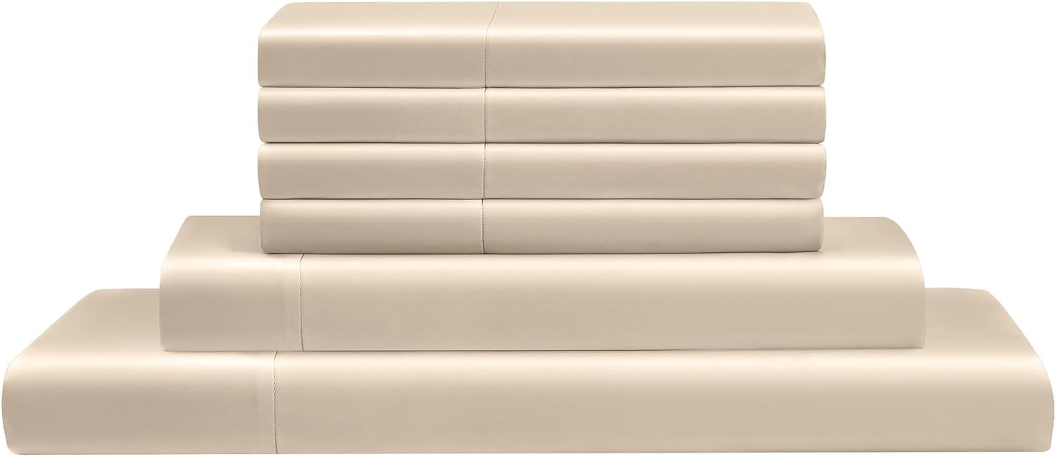 Modern Threads Satin Sheets, 6-Piece Luxury Silky Soft Bed Sheet Set with Deep Pocket Fitted Sheet, 4 Pillowcases, Wrinkle Resistant, Sheet Organizer and Storage, Beige, Queen