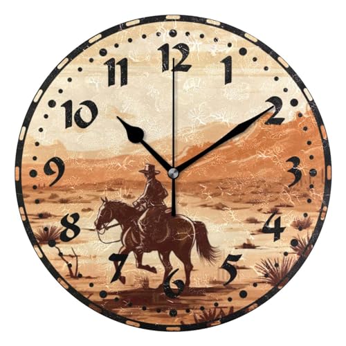 xigua Vintage Western Cowboy Wall Clock, Silent Non Ticking 10 Inch Battery Operated Wall Clocks, Easy to Read Clock for Home Kitchen Living Room Bathroom Office Decor