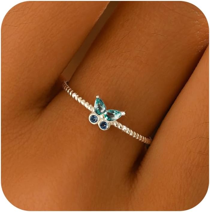 925 Sterling Silver Cute Butterfly Rings for Women Dainty Cubic Zirconia Promise Rings Boho Twisted Stackable Statement Ring Trendy Band Jewelry to Daughter Mom Birthday Valentine's Day Jewelry Gifts