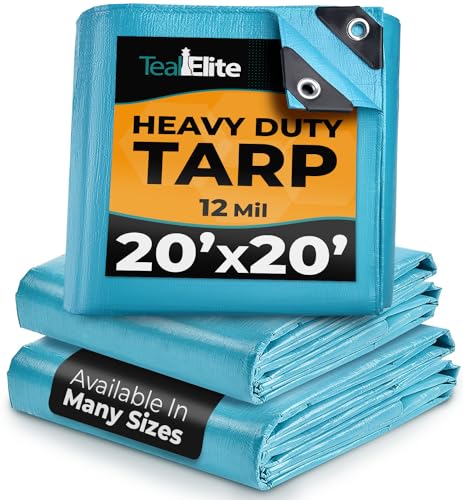 Tarps Heavy Duty Waterproof 20x20-12 mil Thick Camping Tent - Blue Tarp 20x20 UV Resistant Rip & Tear Proof with Metal Grommets Multipurpose Use for Camping Tent Boat RV Car & Pool Cover