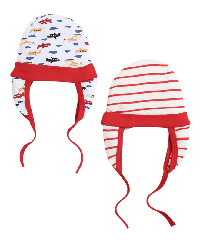 BUMZEE Red & White Baby Boys Ear Flap Tying Cap Pack of 2 (Peb10079)