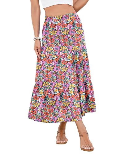 Women's 2025 Summer Boho Tiered Maxi Skirt Flowy A-Line Elastic Waist with Pockets Trendy Beach Long Skirts