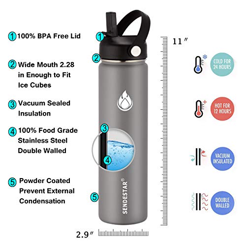 Image of SENDESTAR Stainless Steel Water Bottle, Wide Mouth Water Bottle 24 oz with Straw Lid, Spout Lid, Double Wall Vacuum Insulated Leak Proof, Keeps Liquids Hot or Cold (Graphite)