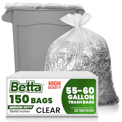 Betta 55-60 Gallon Clear High-Density Trash Bags, 150 Count Box, (38x60-inch) Commercial Medium-Duty Garbage Can Liners