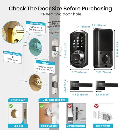 Veise VE07-L Fingerprint Smart Locks for Front Door with Zinc Alloy Handle Set, App Control, Keyless Entry, Electronic Digital Keypad Deadbolt, Auto Lock, Waterproof, Easy to Install, Matte Black