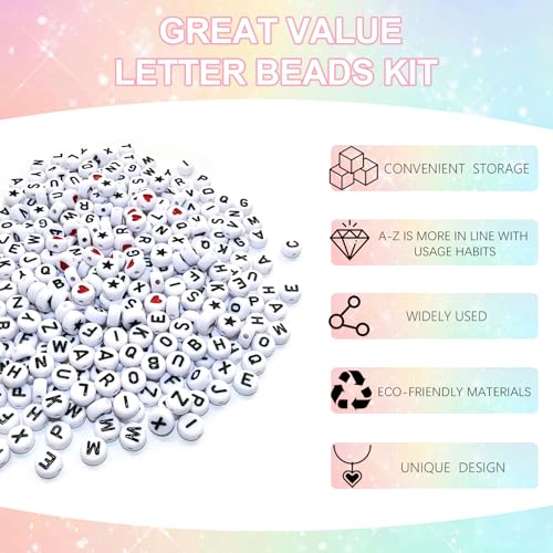 Image of Amaney 1500 Pieces 4x7mm White Round Acrylic Alphabet Letter Beads A-Z Number Beads Star Beads Heart Beads and Crystal Line for Jewelry Making