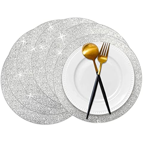 50 Stück silberne Glitzer-Papier-Tischsets glitzernd runde Einweg-Tischsets Silber Pailletten Deckchen Dekorative Platzsets für Hochzeit Bankett Party Zuhause Essgeschirr Cover