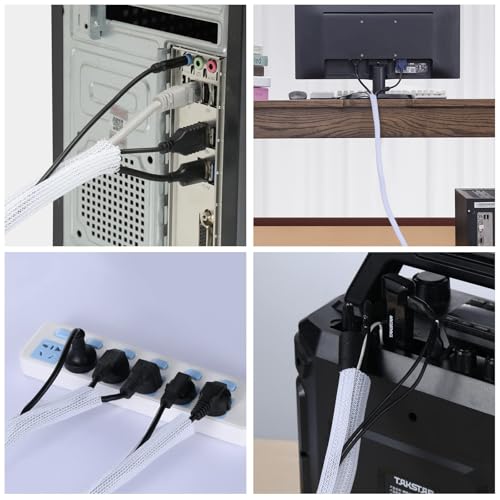 Image of AGPTEK Cable Sleeve, 2Pack 5ft - 1.6 inch Cable Management Desk Cord Cover Organizer Wire Hider for Home Office Computer TV Wire Loom Tubing Pet Proof Cord Protector from Cat Dog Chewing, White