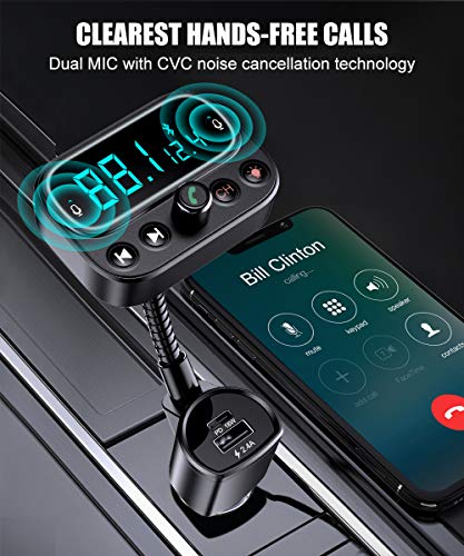 Bovon Bluetooth 5.0 FM Transmitter for Car, USB C PD Bluetooth Car Adapter with Dual Mic/2.0\" LCD Display/3 USB Ports/9 Color LED Backlit, Wireless Car Kit Music Player Support U Disk/AUX Output