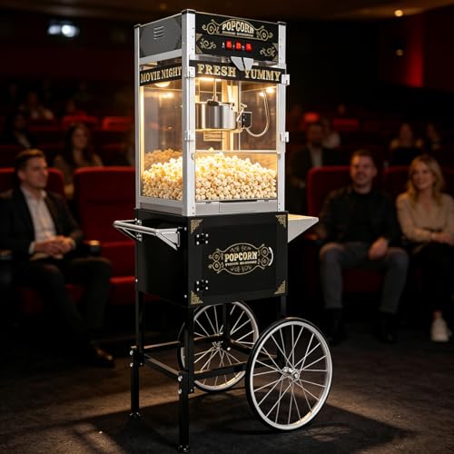 Image of Commercial Popcorn Machine with Cart - 24OZ Kettle Popcorn Makers with Heating 3-Switch Control Stainless Steel Kettle for Business, Corporate, School, Institutional, Carnival, Theater, Church, Black