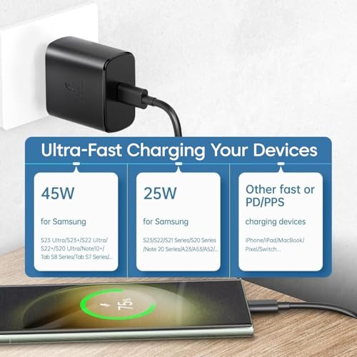 Image of Samsung 45W C-Type Super-Fast Charger Adapter for Samsung Galaxy S25 /S25 Plus /S25 Ultra /S24 /23 /22 /21 (Ultra /Plus /FE) A56 /Note 20 /S10 5G /9 /8 /M16 (S /A /F /M Series) USB C PD 3.0 Charge Adapter