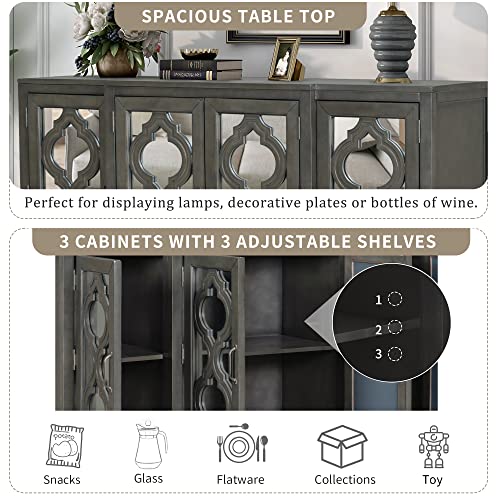 Xd Designs 60'' Modern Mirrored Console Table Sideboard With 4 Cabinets & 3 Adjustable Shelves, Large Storage Cabinet Free Standing Kitchen Buffet Server For Entryway/Livingroom/Dining Room (Gray-Mi) #TOP5