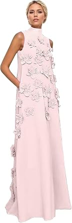 RYANTH Satin Mother of The Bride Dresses for Wedding 3D Flower Formal Gows Long A Line Wedding Guest Dress with Pockets
