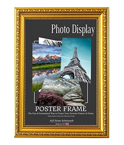 A2Z Home Solutions® Photo Poster Display Wall Hanging Ornate Gold Frame A3-29.7 × 42 cm For Print Picture With Clear Perspex 30x15mm Moulding Mounting Hooks MDF backboard