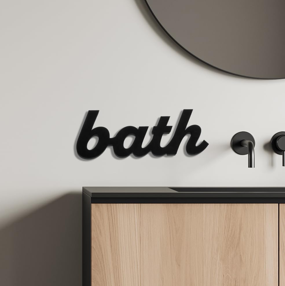 Decorative Black Bath Wall Sign - Engineered Wood 3mm Thick, 25.5 x 9 cm - Bathroom Decor with Adhesive Dots, Modern Home Decor, Decorative Bathroom Signage, Wall Art for Bathrooms