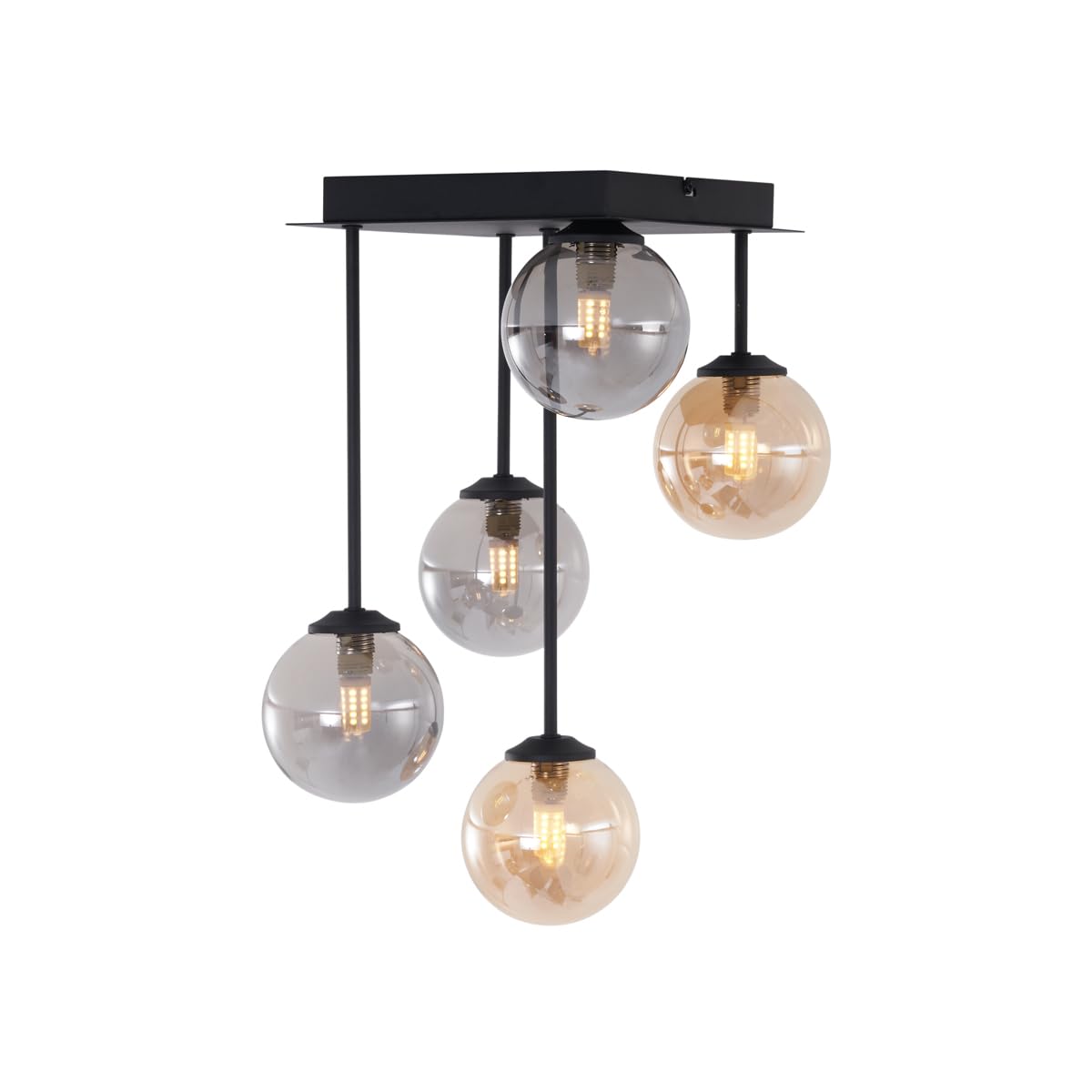 QAZQA - Moderne Deckenleuchte I Deckenlampe I Lampe I Leuchte Schwarz mit Bernstein- und Rauchglas 5-flammig - Athen I Wohnzimmer I Schlafzimmer - Metall Quadratisch I Kugel I Kugelförmig - LED geeign