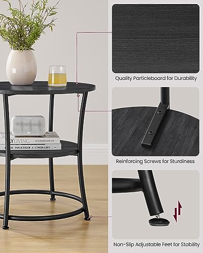 Image of 2-Tier End Table, Nightstand with Steel Frame, Spacious Top for Small Spaces, Living Room, Bedroom, 21.7 inch Diameter, Charcoal Gray