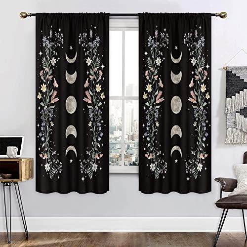 Mitpok Boho Floral Curtains Black Flower Wildflower 42W x 63H Inch Rod Pocket Moon Phase Moonlit Garden Witchy Gothic Aesthetic Spring Nature 2 Panel Window Treatment Set for Bedroom Living Room Decor