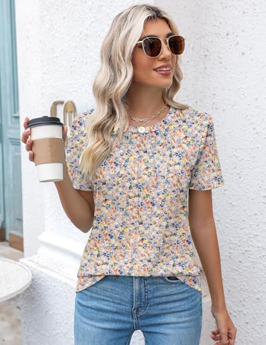 Rapbin Womens Casual Short Sleeve T-Shirts Crew Neck Pleated Tops Fashion Dressy Tunic Blouses,Pink Floral,L - Image 4