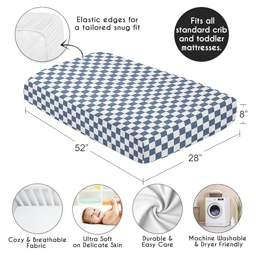 Image of Sweet Jojo Designs Fitted Baby Crib Sheets (Blue and White Gingham Checkered) for Boys, Infant Nursery, Toddler Room - Standard Size (Neutral, Plaid, Vintage, Modern, Check, Geometric, Retro, Slate)