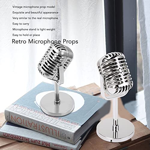 Tomotato Klassische Retro Mikrofon Requisite, 165mm Vintage Fake Mikrofon Dekor mit Ständer für Bar Partys, Silbernes Antikes Mikrofon für Rock Roll Hip Hop Musikveranstaltungen