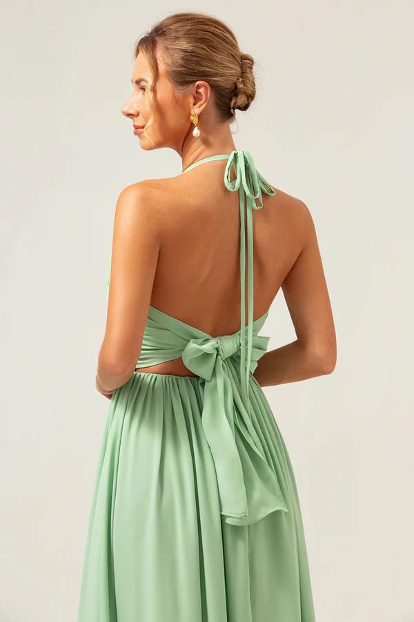 Stylefun Women's Halter Bridesmaid Dress with Bow Chiffon Ruched Formal Evening Gowns CYM3204