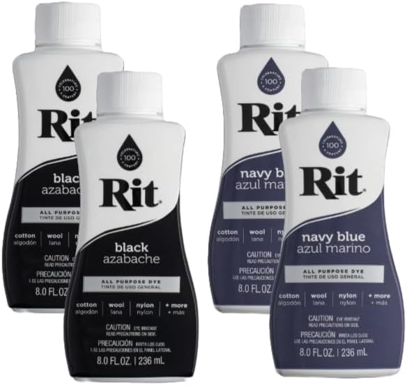 All Purpose Liquid Fabric Dye Bundle (4 Pack), 2 - Black 8oz Dye + 2 - Navy Blue 8oz Dye