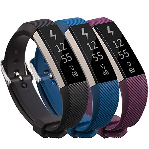 KingAcc Compatible Replacement Bands for Fitbit Alta HR, Fitbit Alta, Silicone Fitbit Alta HR Band Alta Band, Buckle Wristband Strap Women Men (3-Pack, Black&DarkBlue&Darkpurple, Small)