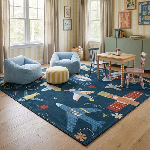 Rug Branch Maverick Airplane tapis lavable enfants 7' x 10' bleu marine