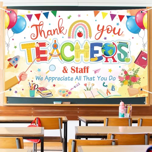 Image of Happy Teacher Day Banner Teacher Appreciation Week Decorations Flag Outdoor 71x44 Inch School Classroom Backdrop,Thank You Teacher Gifts for Indoor Home Party Supplies,Yard Sign Photography Background