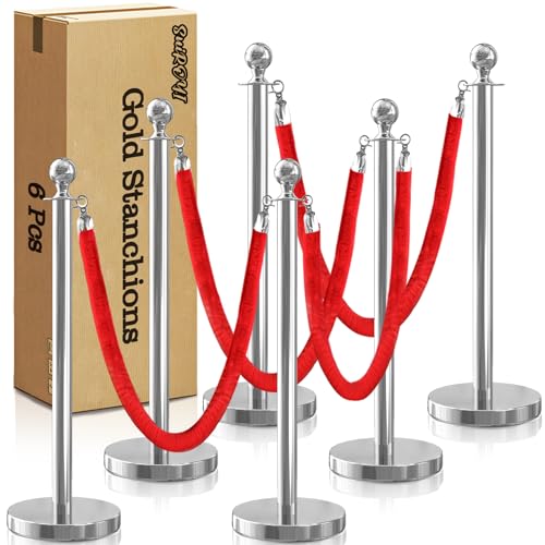Stanchion Rope Set with Velvet Ropes and Posts (6 stanchions, 4 ropes)