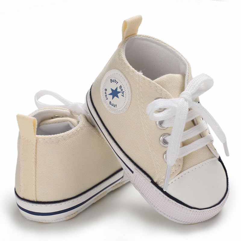 Image of Unisex Baby Boys Girls Shoes, Newborn Infant Non-Slip Canvas Denim High Top Sneakers, Toddler First Walkers Shoes
