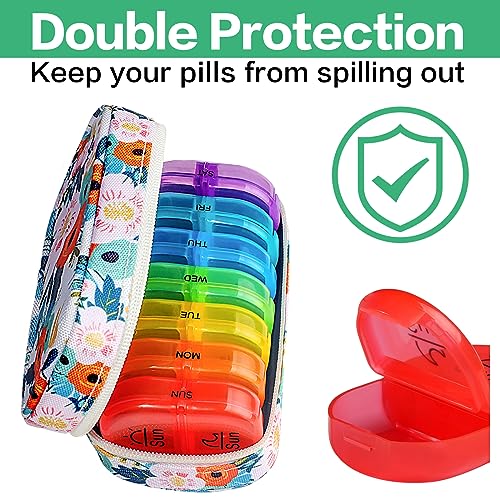 Image of Serfeymi Weekly Travel Pill Organizer 2 Times A Day AM PM Rainbow Pill Box 7 Day with Zipper Canvas Pill Case, Medicine Organizer for Pills, Vitamins, Fish Oils - Purple 01+ Bloom 01