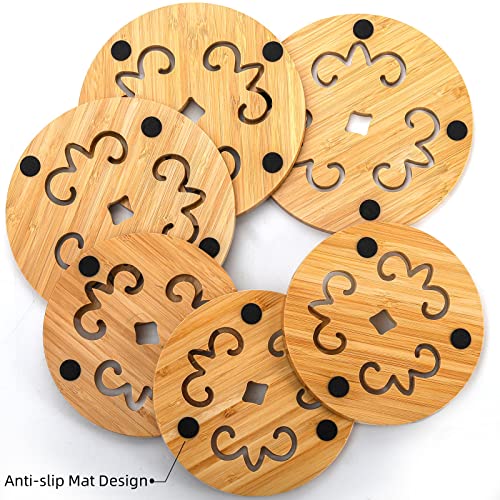 AVLA 6 Pack Natural Bamboo Trivet Mat Set, Heat Resistant Pads with Dish Rack, Kitchen Wood Non-Slip Coaster, Durable Anti-Hot Trivet Stand Mat Set for Hot Dishes, Bowl, Teapot, Hot Pot Holders - Thumbnail 7