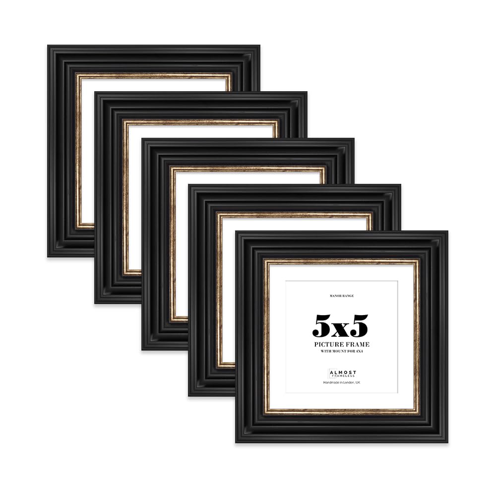 5x5 Black and Gold Picture Frame - 5x5 Square Frame with 4x4 Mount for 5x5/4x4 Pictures Luxurious Style Ideal for Home Gallery Display, 5 Pack