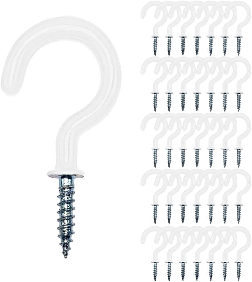 36PCS Ceiling Hooks for Hanging Plants and Cup,Screw in Hooks with Vinyl Coating 1.58Inch(White) 40White White