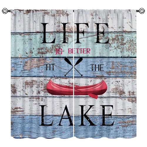 Rustic Lake Cabin Curtain Lake House Camping Inspirational Quotes Window Treatments Vintage Wooden Board Lodge Country Lakeside Cottage Farmhouse Drapes for Bedroom Living Room Kitchen W42xL45in