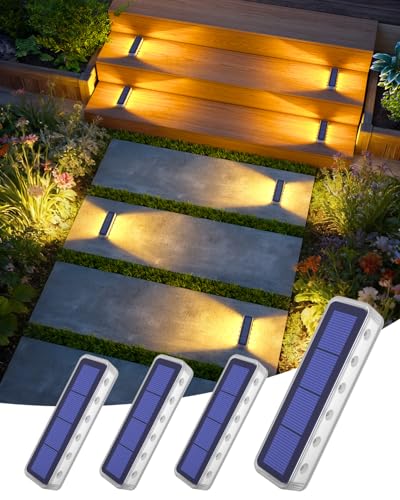 DetarZinLED Solar Step Lights for Outside 4 Pack 12 LEDs 2-Sided Illumination Solar Stair Lights Outdoor IP68 Waterproof Auto On/Off Deck Lights Solar Powered for Patio Yard Path Walkway (Warm White)