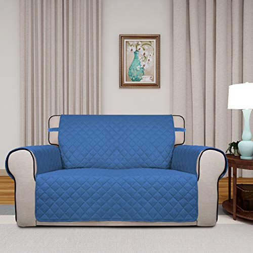 Image of PureFit Reversible Quilted Sofa Cover, Water Resistant Slipcover Furniture Protector, Washable Couch Cover with Non Slip Foam and Elastic Straps for Kids, Dogs, Pets (Loveseat, Blue /Ivory)