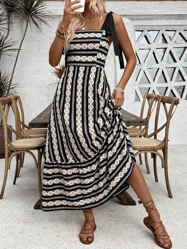 Image of Floerns Women's Floral Print Tie Strap Square Neck Ruffle Boho Maxi Dress