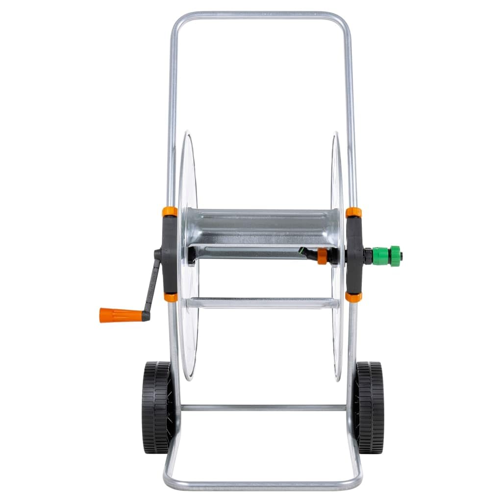 Stahl Schlauchwagen für 110 m 1/2" oder 80 m 3/4" Schlauch, verzinkte Konstruktion mit Rädern und abgewinkeltem Anschluss für knickfreie Handhabung