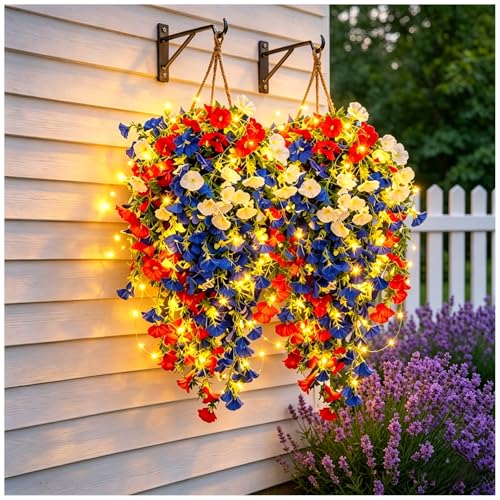 Patriotic Hanging Flower Baskets Red White and Blue Artificial Flowers with LED Lights Windproof & UV Resistant Outdoor Front Porch Decor for Patios Gardens (with Led Lights 2 PCS)