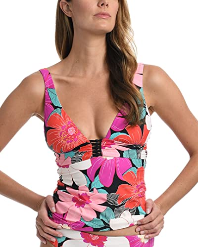 La Blanca Women\'s Over The Shoulder Front Knot Tankini Swimsuit Top, Multi//in Full Bloom, 10