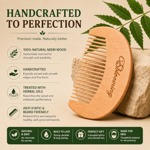 Image of Neem Wooden Beard Comb | Wooden Beard & Moustache Comb for Men | Fine Tooth Pocket Beard Comb | Smooth Rounded Teeth for Beard Grooming & Styling | Travel Friendly | 1 Piece
