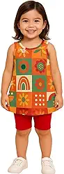 Conjunto Infantil, Blusa Regata Floral com Shorts, Malha Cotton, Laranja e Vermelho Kyly 1001010