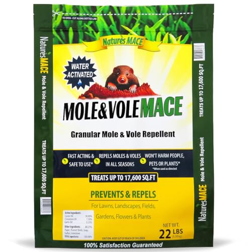 Nature's MACE Mole and Vole MACE, Mole Deterrent for Yard, Mole Repellent for Lawns, Keep Moles Out of Garden, Castor Oil Granules, Vole Repellent Outdoor, Plant & Pet Safe, 22 lb Bag, 17,600 Sq Ft