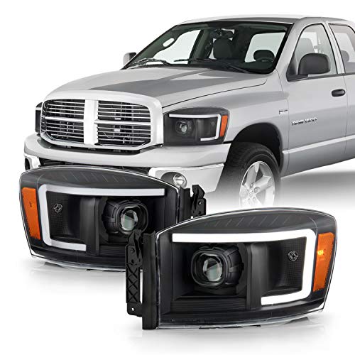 Fits 2006-2008 Dodge Ram 1500 2006-2009 Ram 2500 3500 Truck [Light Bar] Projector Black Headlights Pair Left + Right