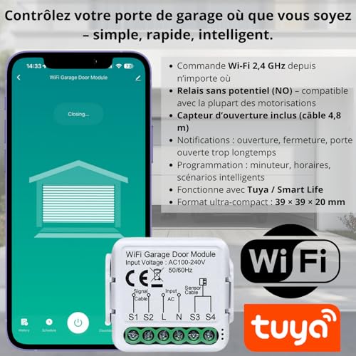 Sone Smart One Garagentoröffner WLAN – Kompatibel mit Tuya & Smart Life – Smart Nachrüsten – Steuerung per App & Sprache – 230V NO-Relais – Kompakt 39x39x20mm