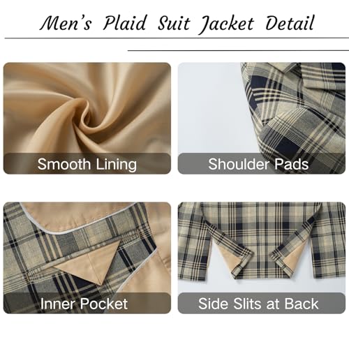 UNINUKOO Men's Blazer Plaid Casual Slim Fit Sport Coats One Button Lightweight Checkered Suit Jacket US Size 40 Khaki3