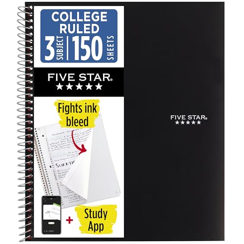 Five Star Spiral Notebook + Study App, 3 Subject, College...